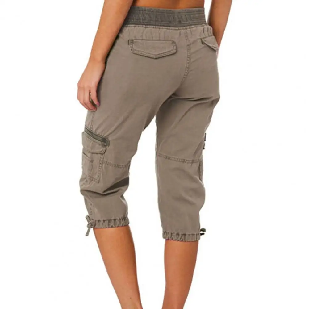 2023 Summer Ladies 2025 Stretch Pants Solid Color Mid-calf Length Flap Pockets Waist Cropped new Pants Female Casual Clothing
