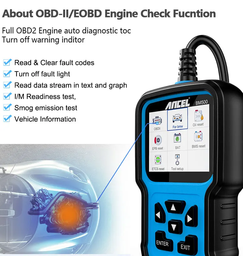 ANCEL BM500 Full System OBD2 Scanner for E93 E65 Airbag EPB SAS TPMS Reset OBD 2 Diagnostic Multi-language Car Diagnostic Tool