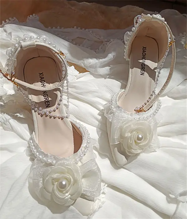 Lolita elegant party dresses for women 2024 wedding bridal shoe pointed toe heels Pretty shoes designer ladies heel beige high-e