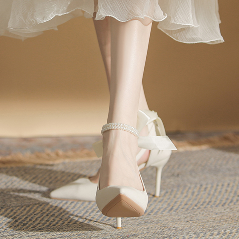 Elegant New New Ladies White Pearls Ankle Strap Pumps for Wedding Women Silk Back Bowtie High Stiletto Heeled Women's Shoes c9f8 's