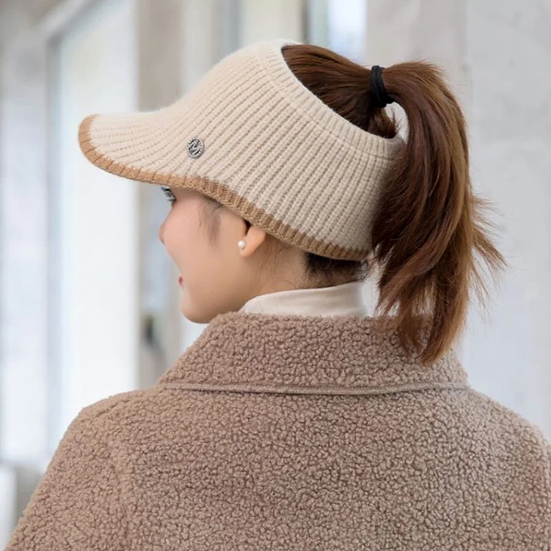 2023 Spring Women's Knitted Baseball Caps Outdoor Sunscreen Empty Tops new Caps Sun 2025 Hats Warm Casual Visor Cap Female Ponytail Hat
