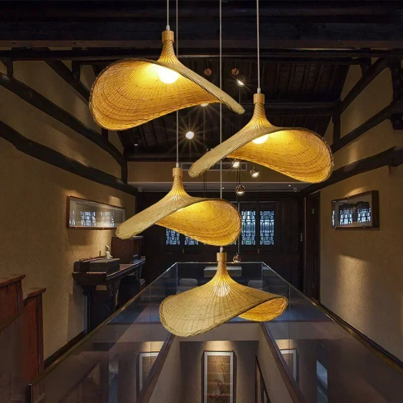 Hand Make Bamboo Wicker Led Pendant LIight Ceiling Vintage Hanging Lamp Rattan for Dining Room Indoor Lighting Chandelier