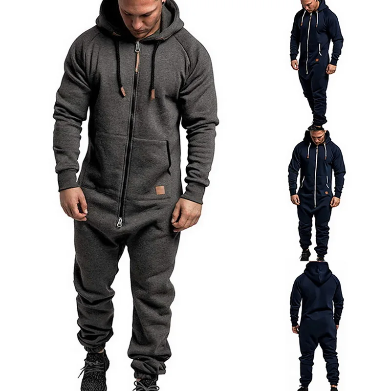 2023 Men Onesie Jumpsuit Autumn Winter Male Homewear Hooded Long Sleeve Sweatpants Splicing Casual Hoodie Male Zipper Jumpsuit