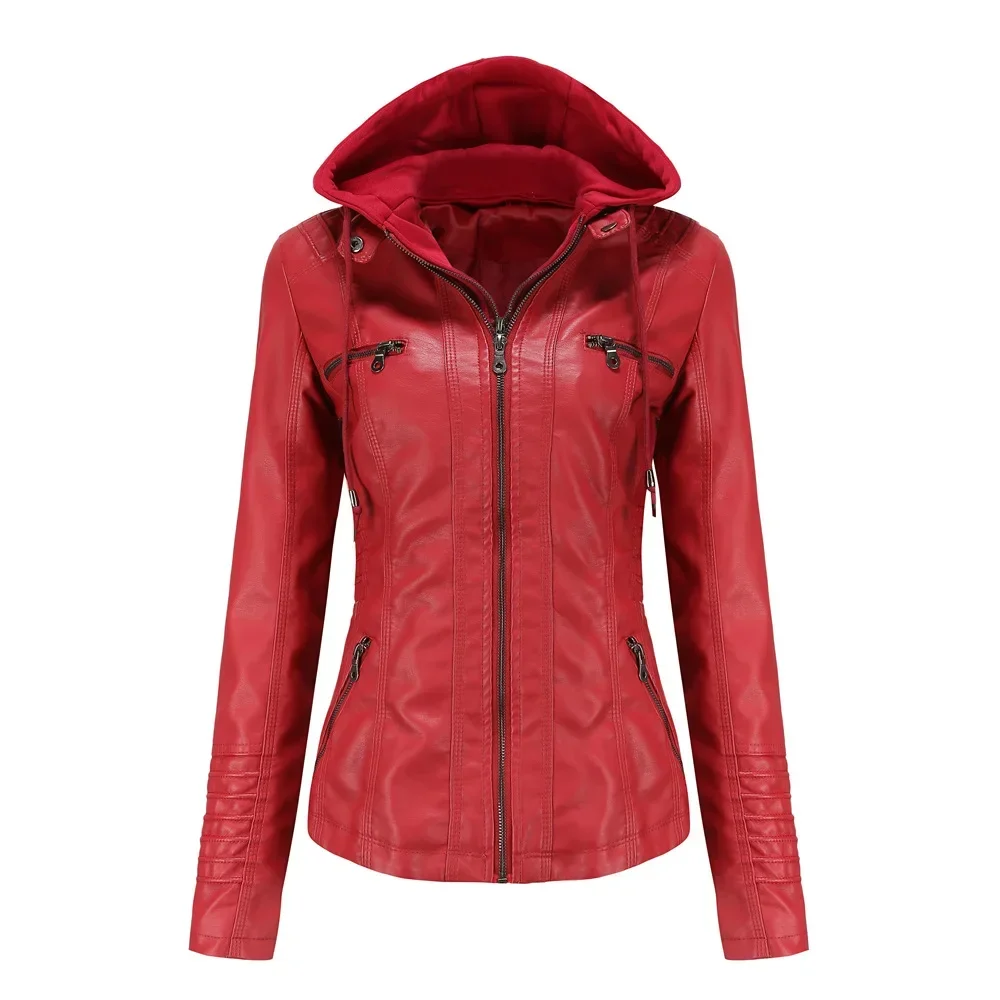 Faux Leather Jacket Women 2023 new Spring Hooded Moto Biker Zipper Jacket New in 2025 Outerwears Autumn Apricot Black White Red Brown XS