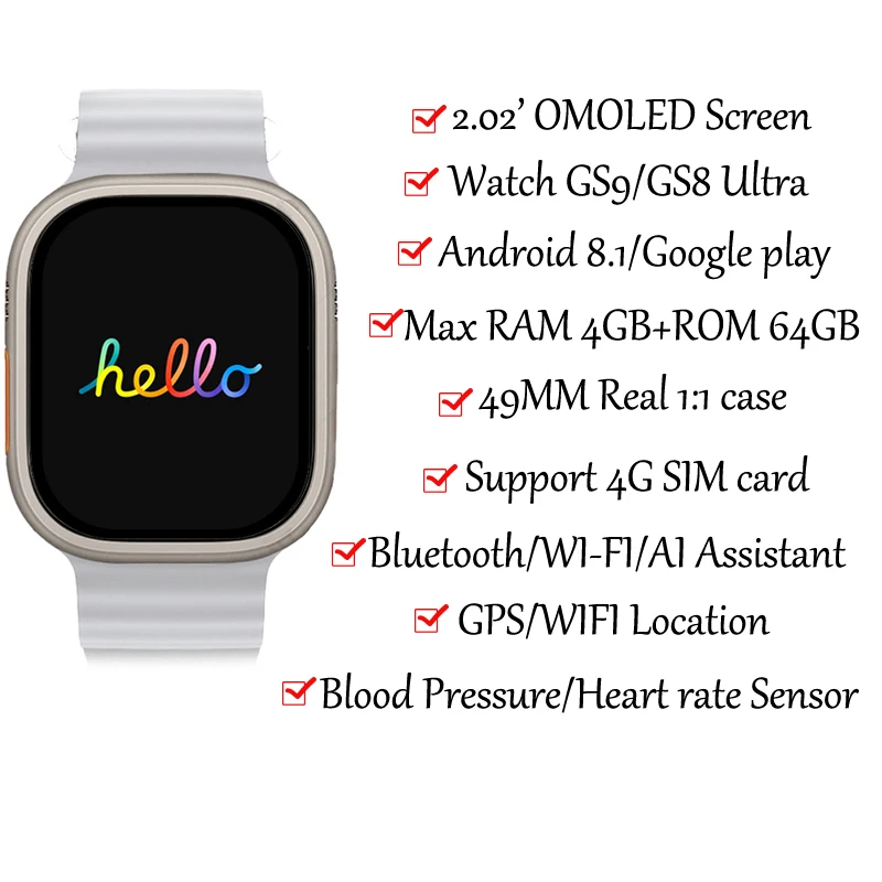 GS9 Ultra 4G SIM Card Smart Dual Camera GPS Trace Locator Adult Student Heart Rate Smartwatch Voice Video SOS Call Phone Watch