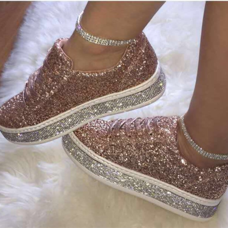 Women's Sequins Sneakers Korean Style Lace Up Large Size Flat Shoes Thick Bottom Anti-slip Casual Trainers Chaussure Femmes