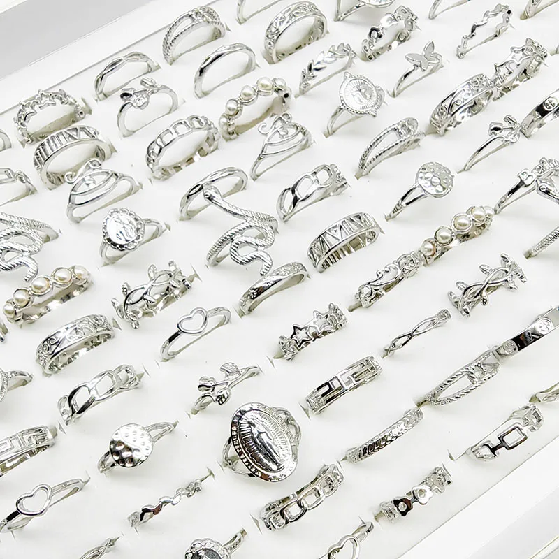 30pcs/Lot Jewelry Factory New Mix Style And Size Finger Rings For Women Silver Gold Color Pearl Snake Flower Ring Party Decorate