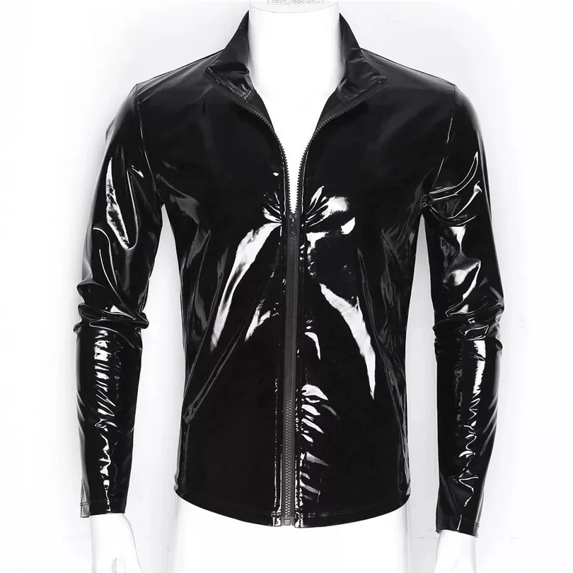 Big 7XL Mens Shirt Wetlook Leather Long Sleeve Zipper T-Shirt Sexy Dance Party Clubwear Male Shiny Metallic Leather Jacket Tops