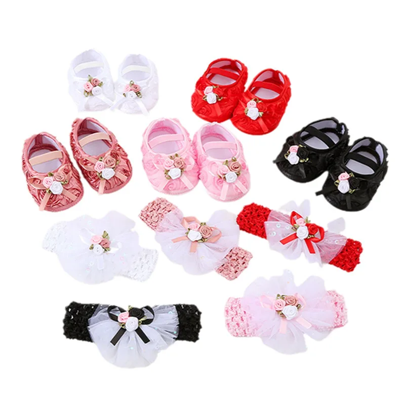 0-18months Baby Girls Shoes Soft Sole Flower Crib Shoes Elastic Band Non-Slip Toddler Girls Hoes With Headband Sets
