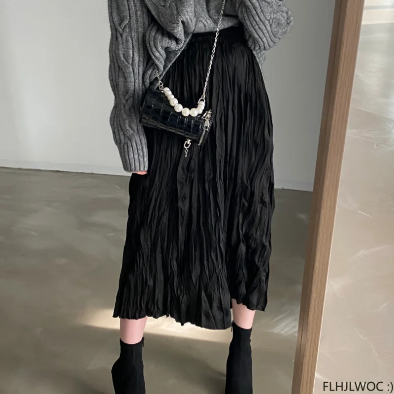 new 2023 Spring Hot Sales Women 2025 All-Match Cute Japan Chic Korea FLHJLWOC Elastic High Waist Black Long Maxi Skirts