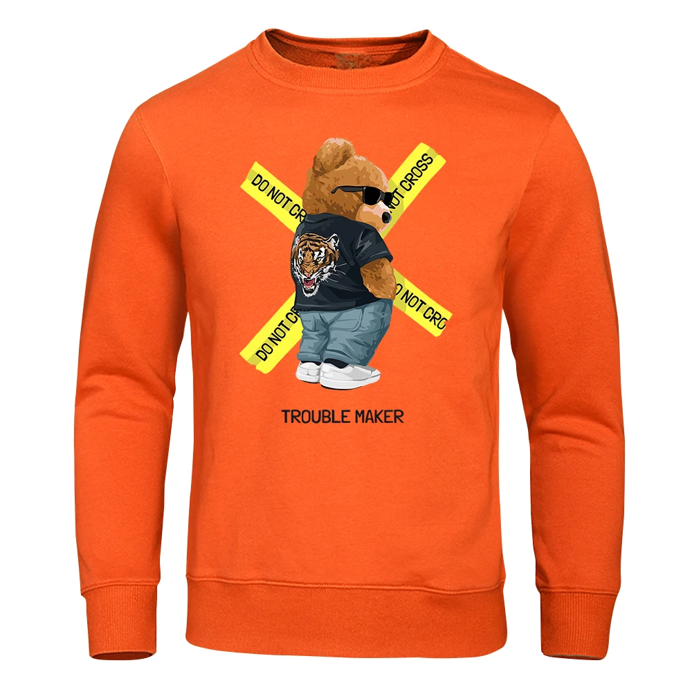 Mr. Teddy Bear With Dark Glasses Trouble Maker sudaderas con capucha para hombres, Top suave deportivo Harajuku, Tops de cuello redondo, Jersey suelto