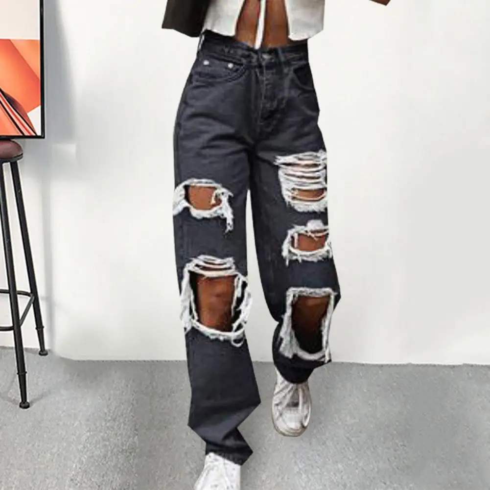 Women Jeans Zipper Fly Wide Leg Lady Denim Pants High Waist Women Denim Trousers No Stretch Women Ripped Loose Fit Jeans