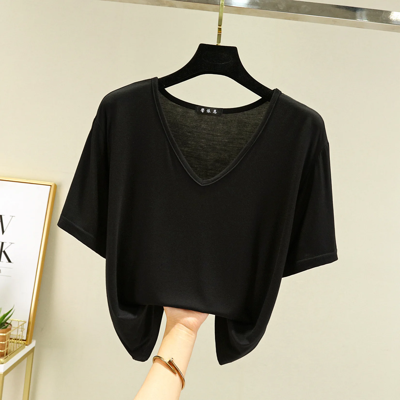 Women's T-shirt Modal V-Neck Short sleeves Tops Summer new 2025 Casual T Shirts Solid color Loose basic Bottoming Tees