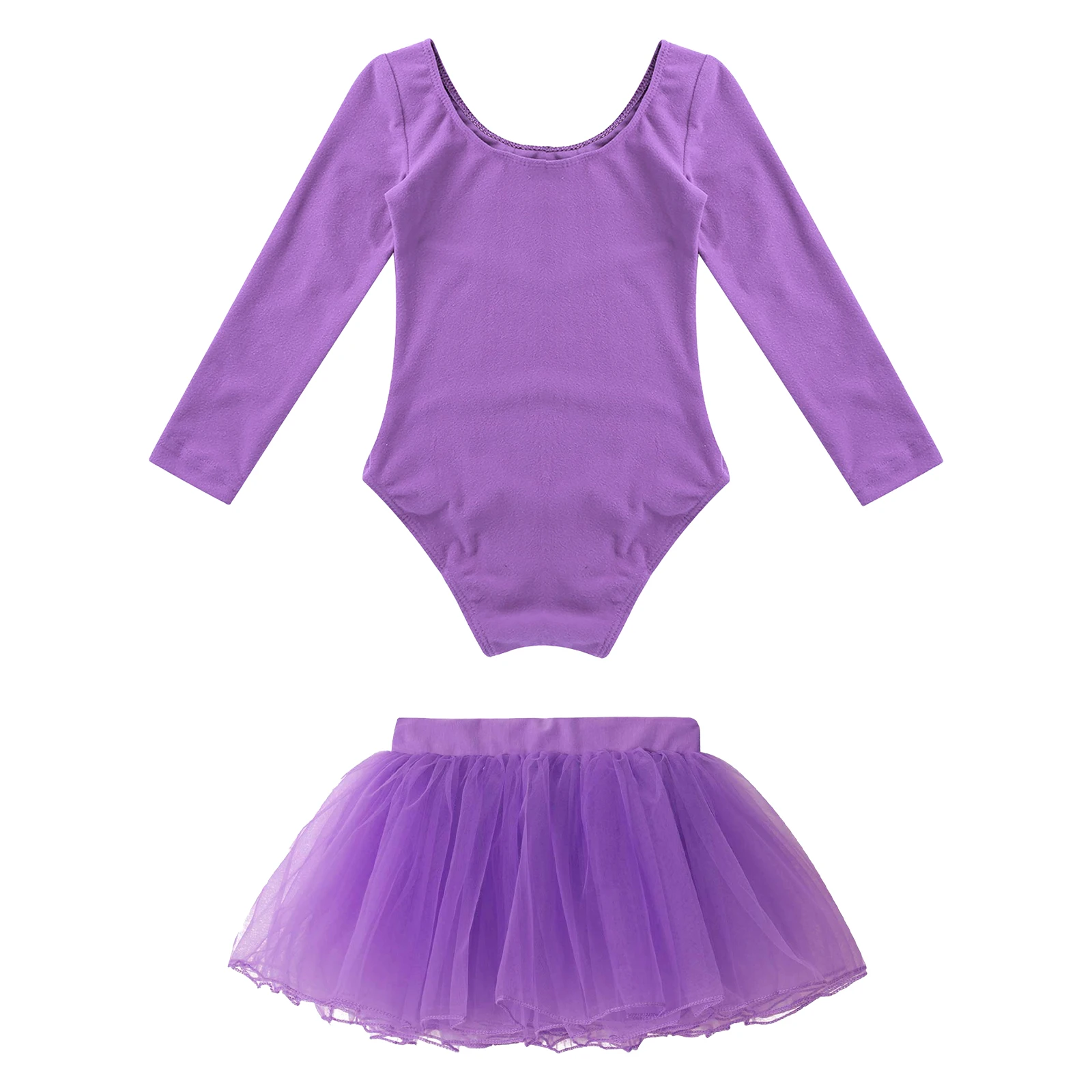 new Girls Ballet Dance Leotards Long Sleeve Solid Color Leotard+Tulle Tutu 2025 Skirt Outfit Kids Gymnastics Workout Performance Bodysuit