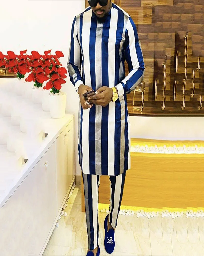 Dashiki Spring Muslim Ethnic Style Personality Striped Printed 2025 new Crewneck Comfortable Long-Sleeved Shirt And Pants Two-Piece Set