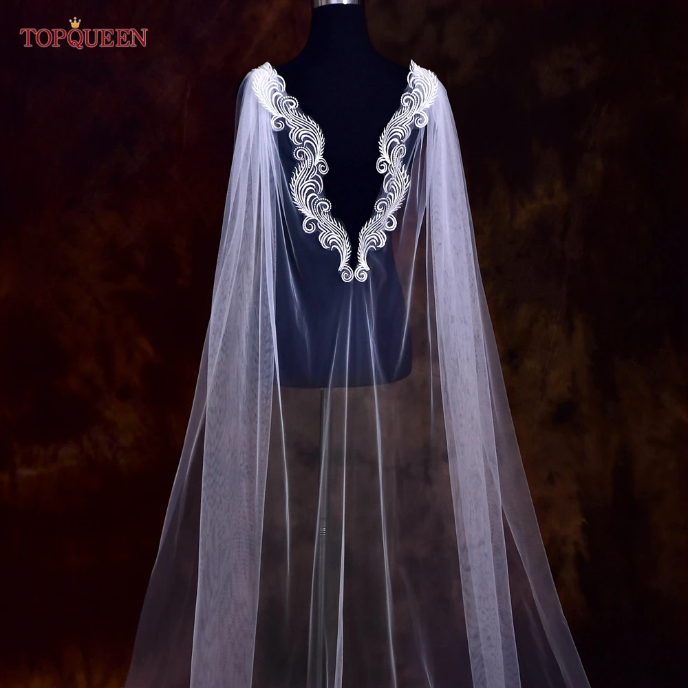 TOPQUEEN VG85 Long Bridal Veil Neck Cape Wedding Shawls 2025 new Lace Jackets for Wedding Dresses Women Cape Veil Wedding Jacket Wrap DIY
