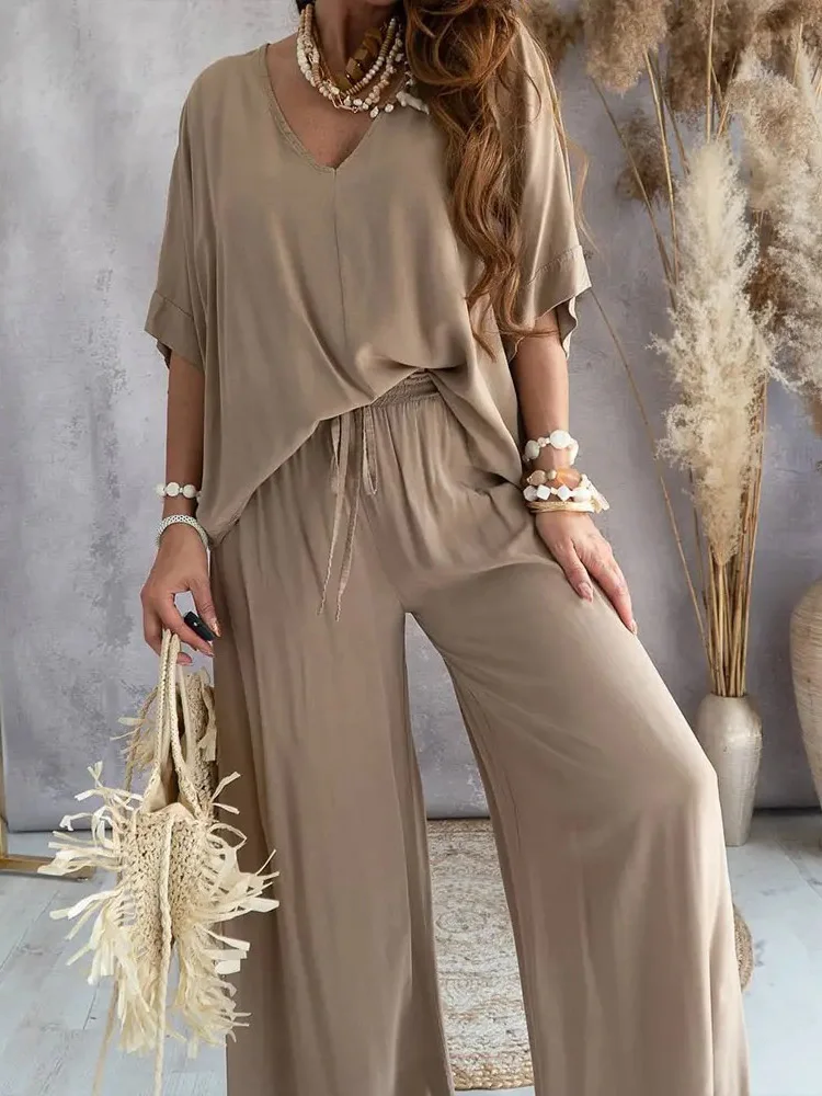 new Women Three Quarter Sleeve Tops Loose Long Pants Suit 2025 2023 Casual Streetwear Elastic Waist Set Female Solid Chic Trousers Outfit