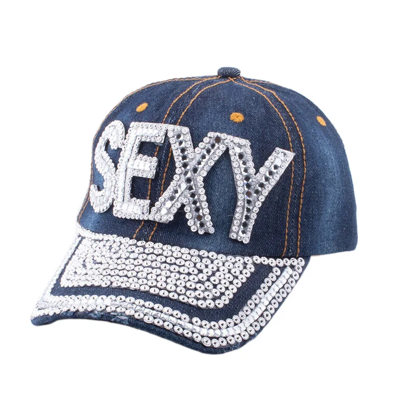 Women's Studded Dark Denim Baseball Cap Bling with Rhinestone Letter Sexy