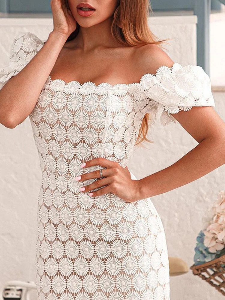 White Floral Embroidery Dresses Women Summer Puff Sleeve Lace Long Dresses Ladies Elegant Fashion Hollow Out Slim Party Dresses 240325
