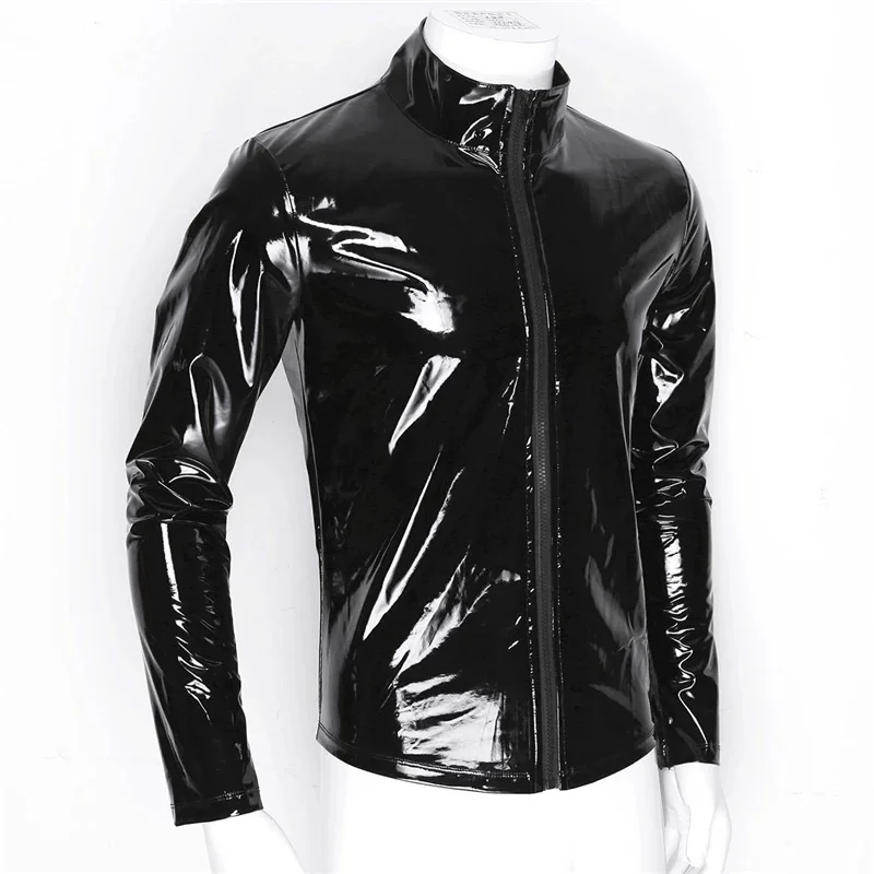 Big 7XL Mens Shirt Wetlook Leather Long Sleeve Zipper T-Shirt Sexy Dance Party Clubwear Male Shiny Metallic Leather Jacket Tops