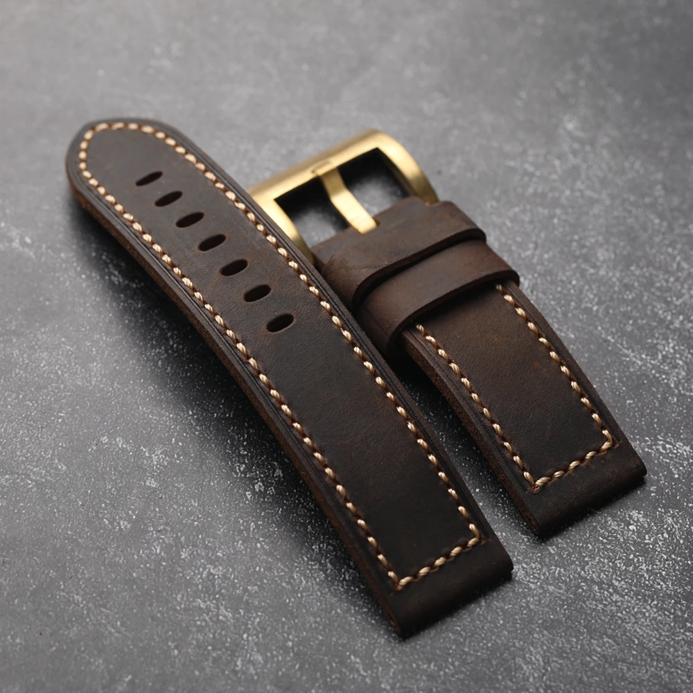 Handmade Crazy Horse Leather Genuine Leather Bracelet 20MM 22MM 24MM 26MM Thick Rugged Style Copper Buckle Men's Watch Strap