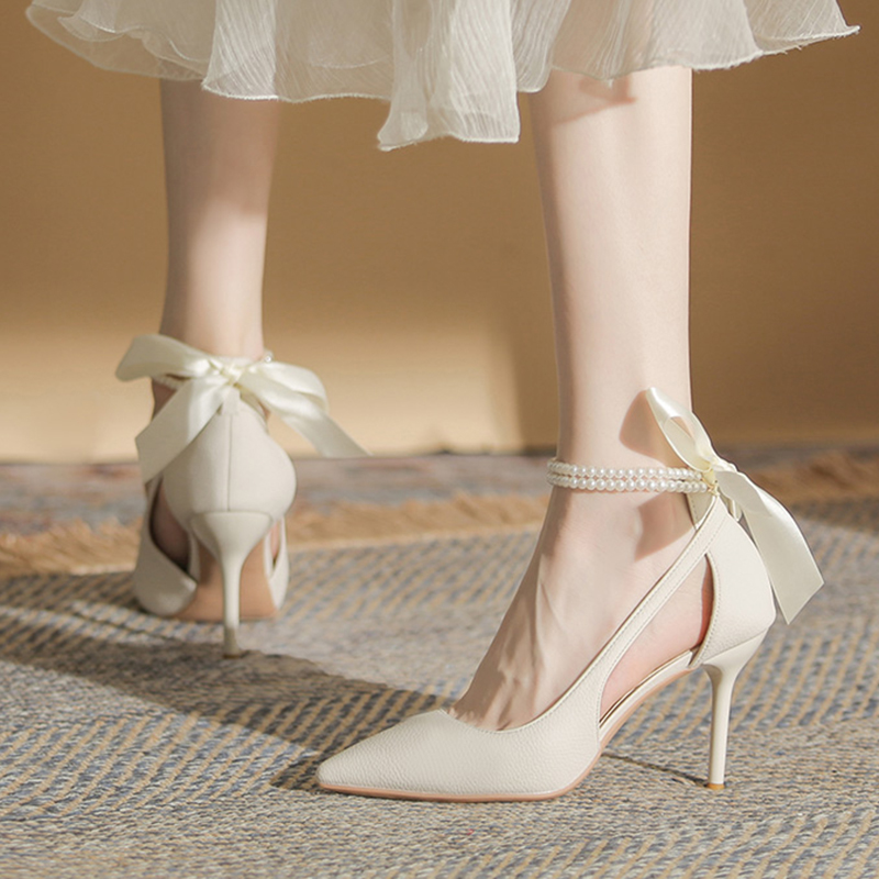 Elegant New New Ladies White Pearls Ankle Strap Pumps for Wedding Women Silk Back Bowtie High Stiletto Heeled Women's Shoes c9f8 's
