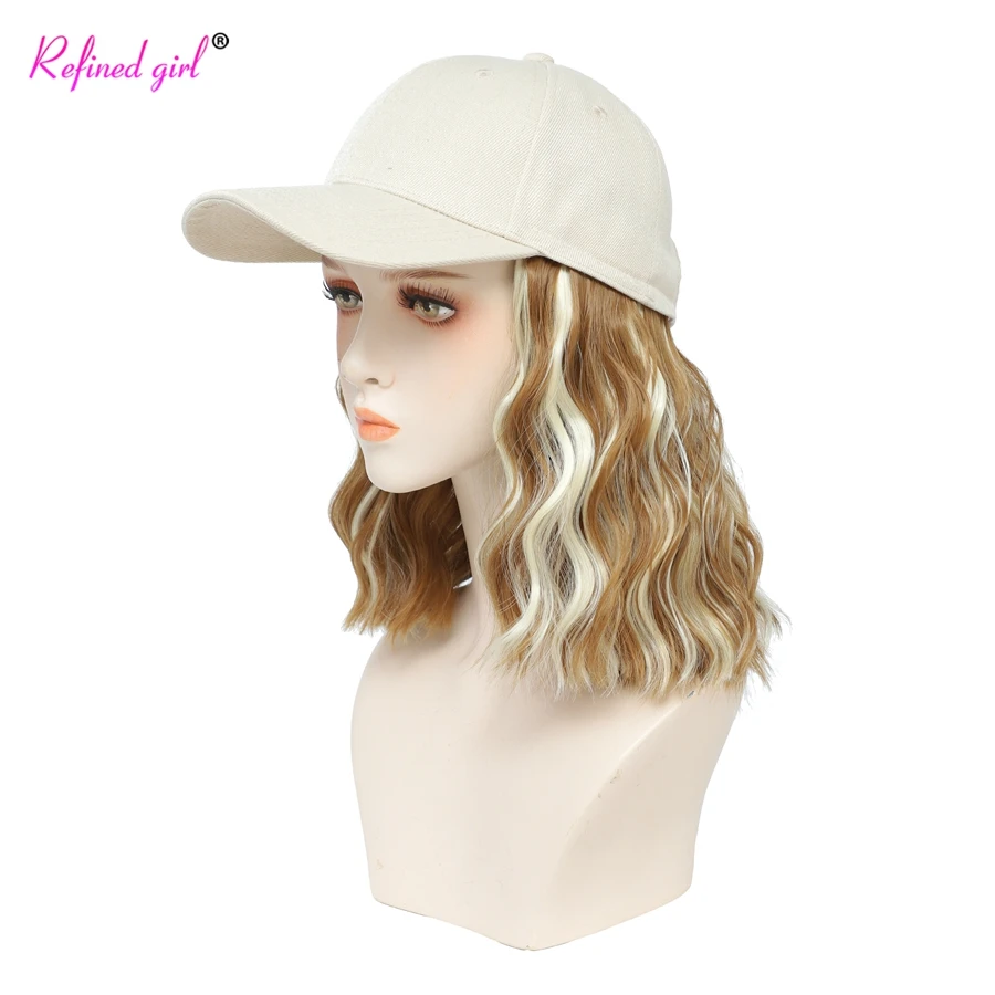 Short Hat Wig Baseball Cap with Natural Wave Hair Extensions Synthetic Wig for Women Adjustable White Black Pink Baseball Wig