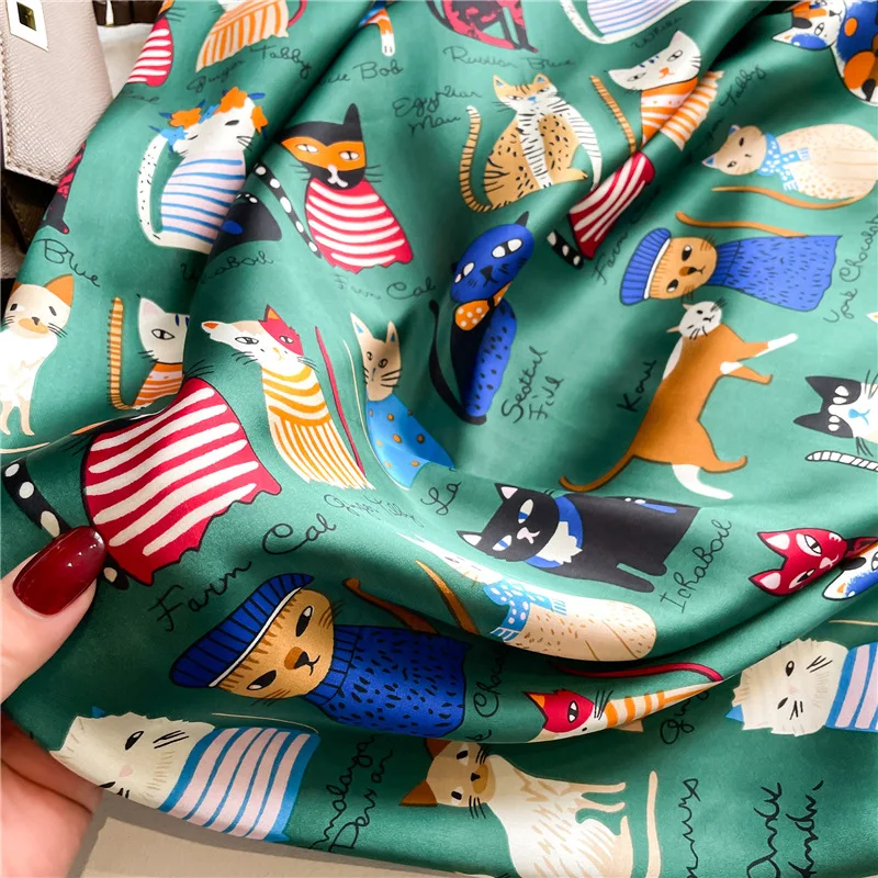 110*110cm Luxury Brand Silk Square Cat Scarf Women Satin Neck Hair Tie Soft Work Neckerchife Hijab Head Female Foulard Bandana