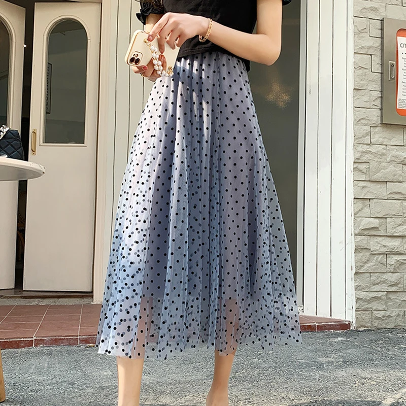 Qooth Women Polka Dot Mesh Skirt Elegant High Waist Long Tulle A-line Skirt For Autumn QT2078
