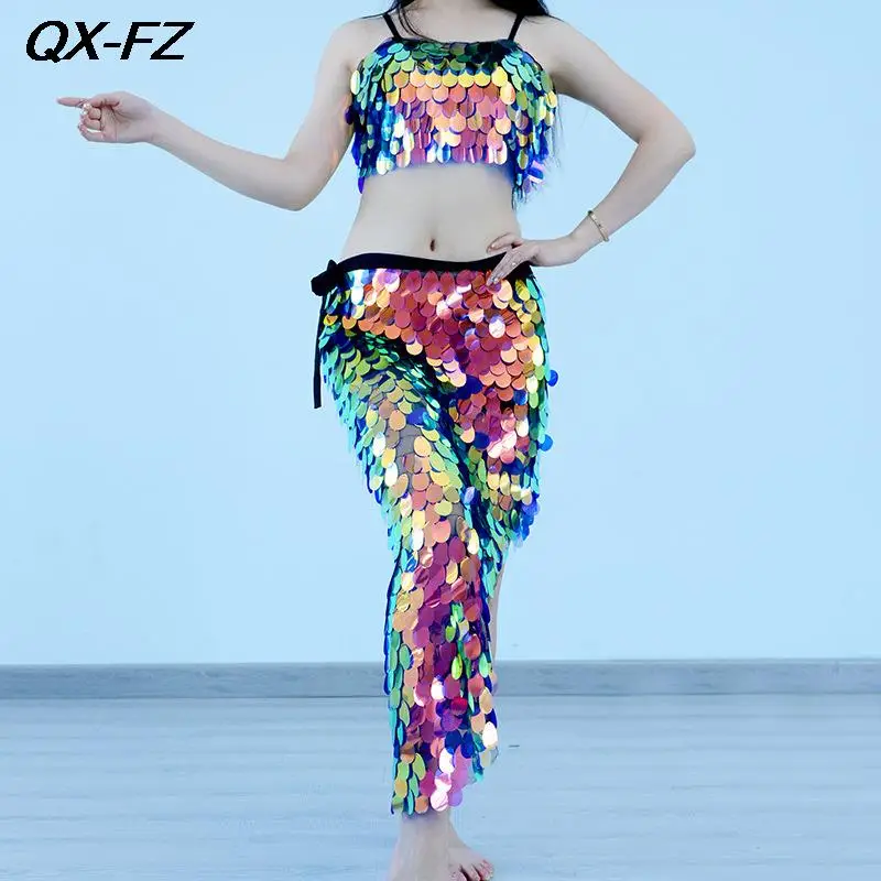 2023 Sexy Mermaid Bra Top+Hip Scarf Outfit Set Women Sequin Belly Dance Costume Set Ladies Elegant HipSkirt Dance Training Suit