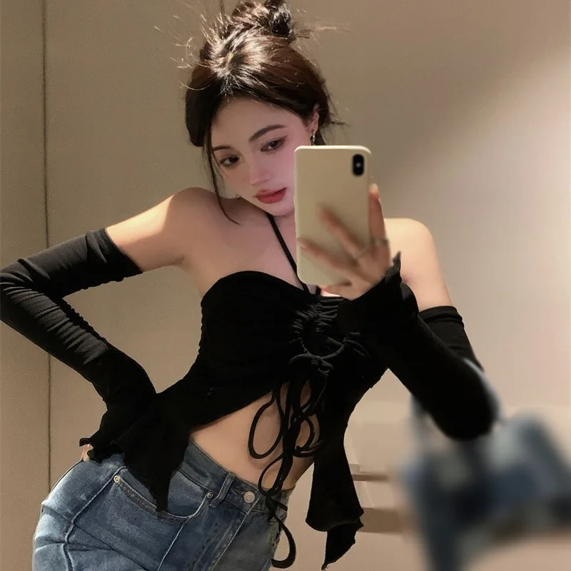 Off new Shoulder Crop 2025 Top For Women Halterneck Slim Fit Sexy Base Shirt Spring Summer