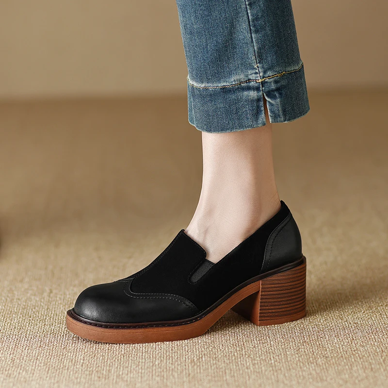 2023 new 2025 Spring Women Shoes Round Toe Platform Shoes Genuine Leather Casual Thick Heel Women Pumps Handmade Shoes High Heel