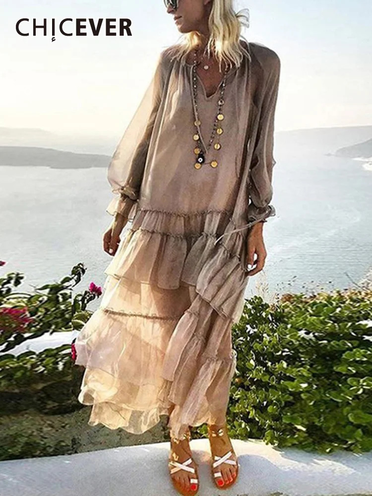 CHICEVER Spring Patchwork Ruffles Womens Dresses V Neck Petal Sleeve Loose Perspective Holiday Dress Fashion Clothes 240319