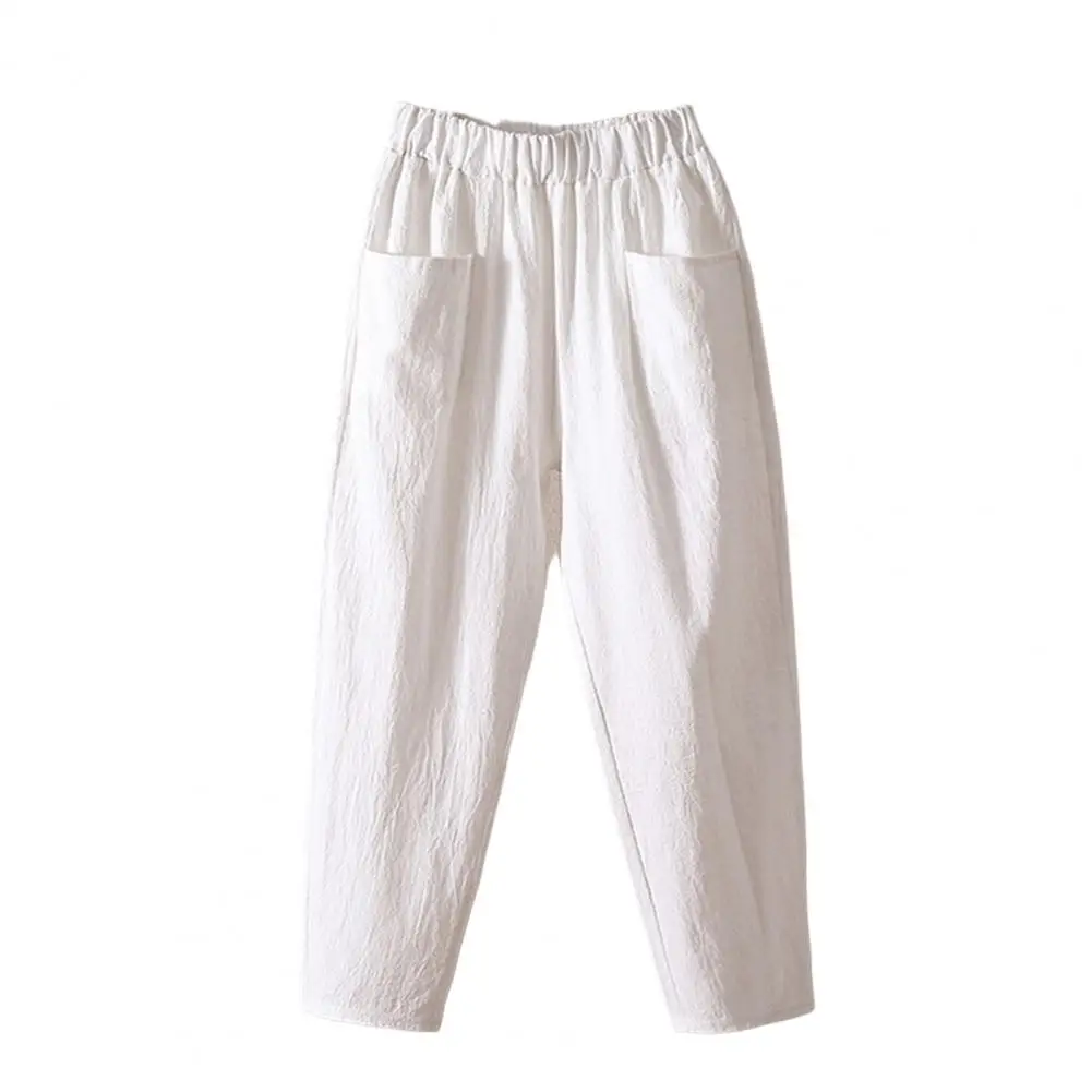 Women Pants Elastic Waist Loose-fitting Solid Color Ankle-length with Pocket new 2025 Decorative Flax Women Summer Wide Leg Pants