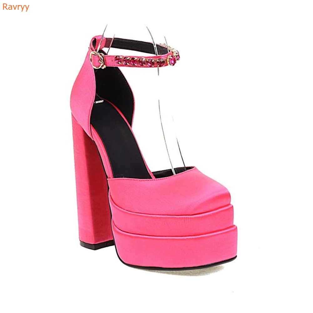 Double Layer Platform Square Head Shoes Crystal Ankle Buckle Super High Heels Square Heel Satin Shoes