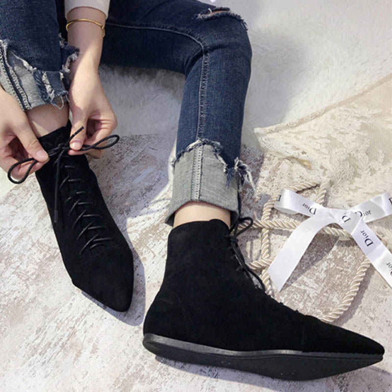 Winter Nubuck flock ankle botas plush lace up botines mujer pointed toe short riding boots trendy velvet flat chelsea boots 2020