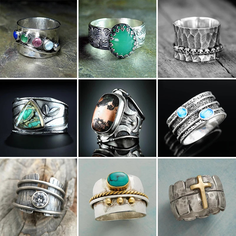 new Vintage Colorful Stone Rings for Women Gothic Chunky 2025 Knuckle Finger Ring Men's Punk Sier Color Party Retro Jewelry Gift