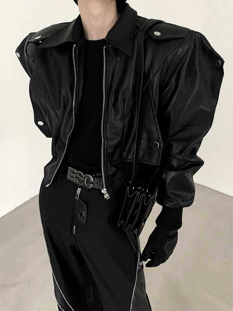 Mauroicardi Spring 2025 Autumn Cool Handsome Short Oversized Black Pu Leather Jacket new Men with Shoulder Pads Long Sleeve Zipper 2023