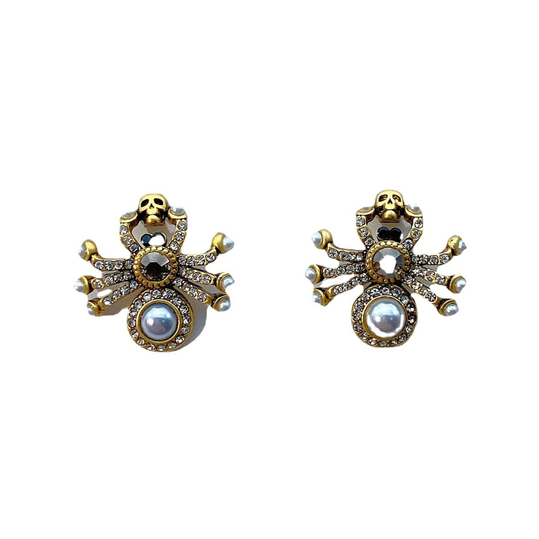 Punk Spiders Skull Earrings Men's Gothic Adjustable Opening Spider Ring Exaggerated Personality Copper Spiders Jewelry Set