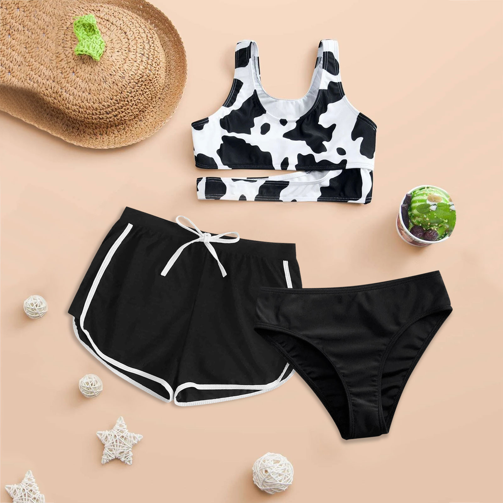 3PCS Swimsuit Women Beach Outfits new Sexy Bikinis Set Toddler Infant Girl Cow Print 2025 Swimsuit Summer Beachwear Black Bathing Suit