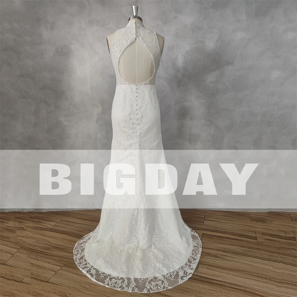 Elegant Mermaid Wedding Dresses For Women 2024 Halter White Lace Open Back Appliqued Bridal Gown Sweep Train Vestidos De Novia