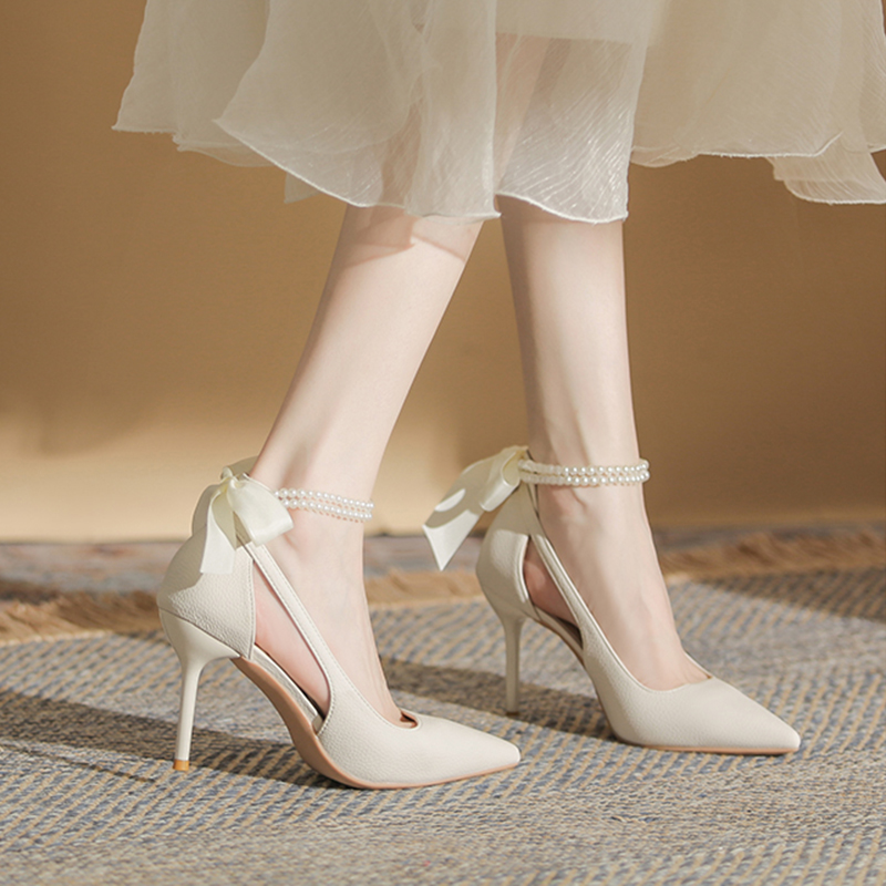 Elegant New New Ladies White Pearls Ankle Strap Pumps for Wedding Women Silk Back Bowtie High Stiletto Heeled Women's Shoes c9f8 's