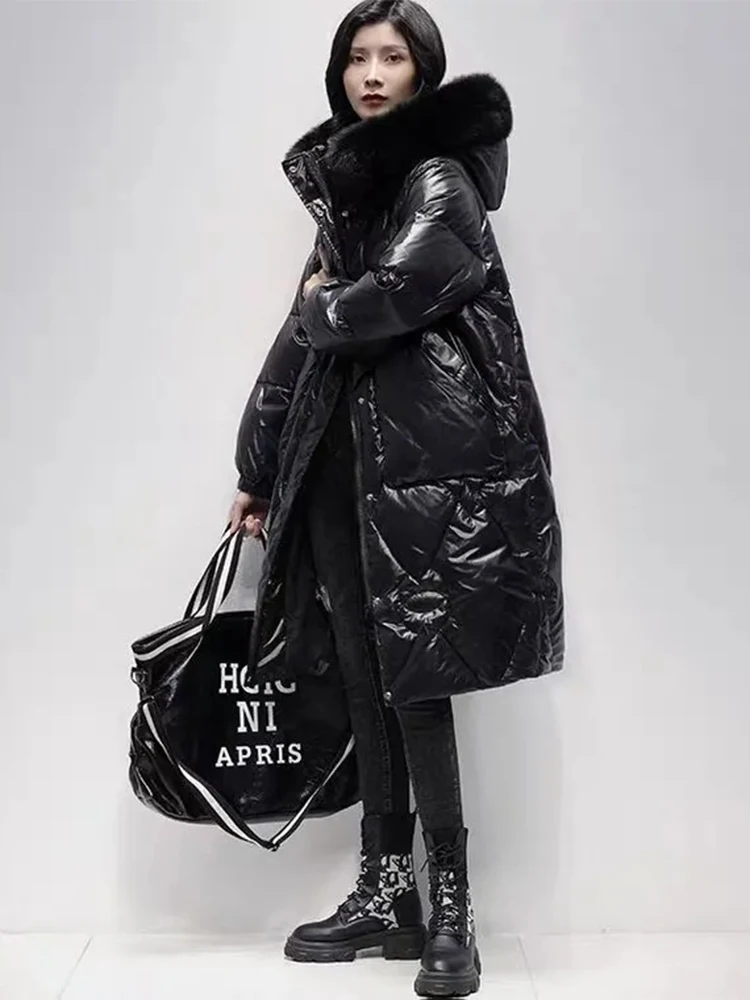 Women Winter Long Big Fur Collar Down Jackets for Women Large Size 2XL Down Jackets 2025 Women new Loose Long Knee Padded Down Parke