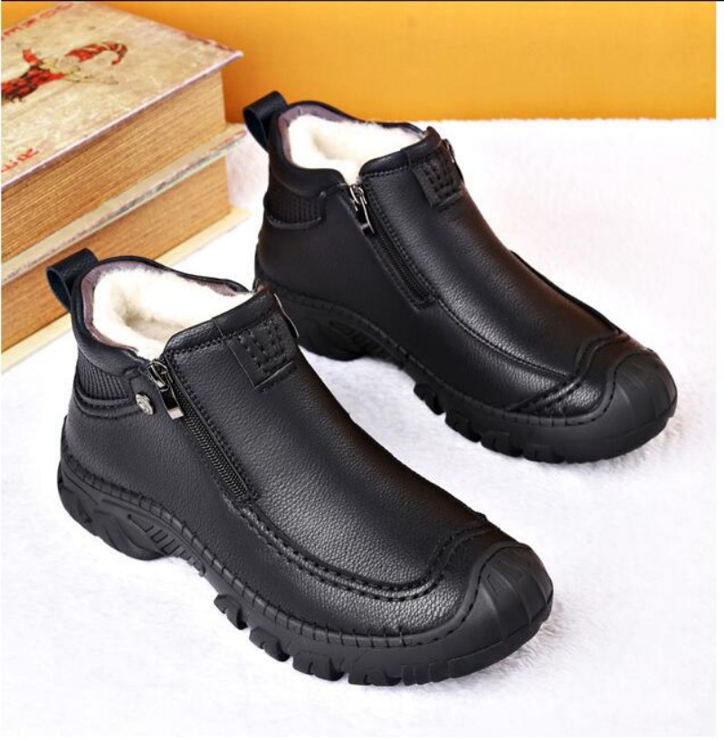 Winter Men Boots Thick Plush Warm Snow Boots Leather Zipper Men's Ankle Boots Platform Non-slip Waterproof Mens Hiking Shoes