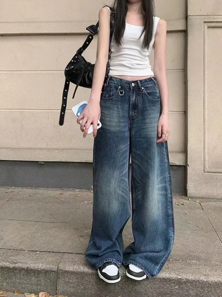 HOUZHOU Baggy Blue Jeans Women Vintage 90s Wide Leg Denim Trousers Korean Streetwear Y2k Gyaru High Waist Jeans Acubi Fashion