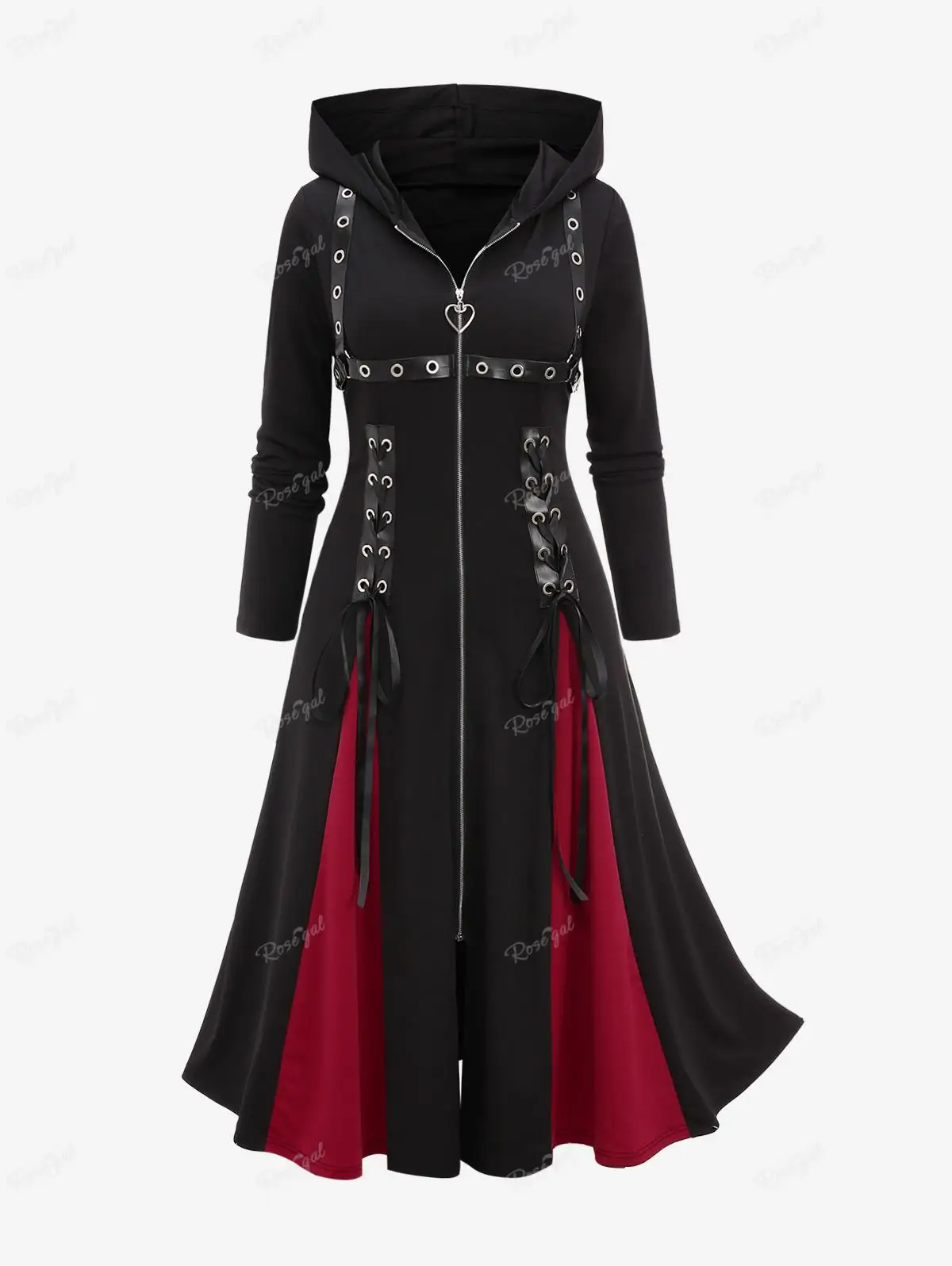 ROSEGAL Plus Size Zipper Hooded Coat Black Lace Up PU Leather 2025 Stripe Grommets Patchwork new Long Tops Women Winter Casual Outfits