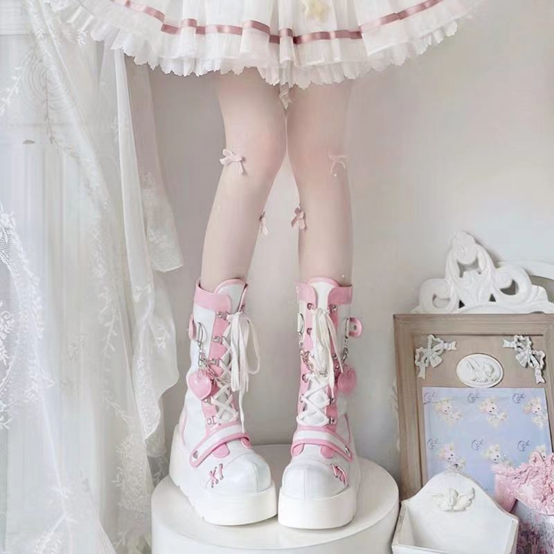 Boots Woman Lolita Shoes Winter 2023 Platform Heels Women's Mid Calf Booties Gothic Pink Cute Chain JK Cosplay Japanese Style