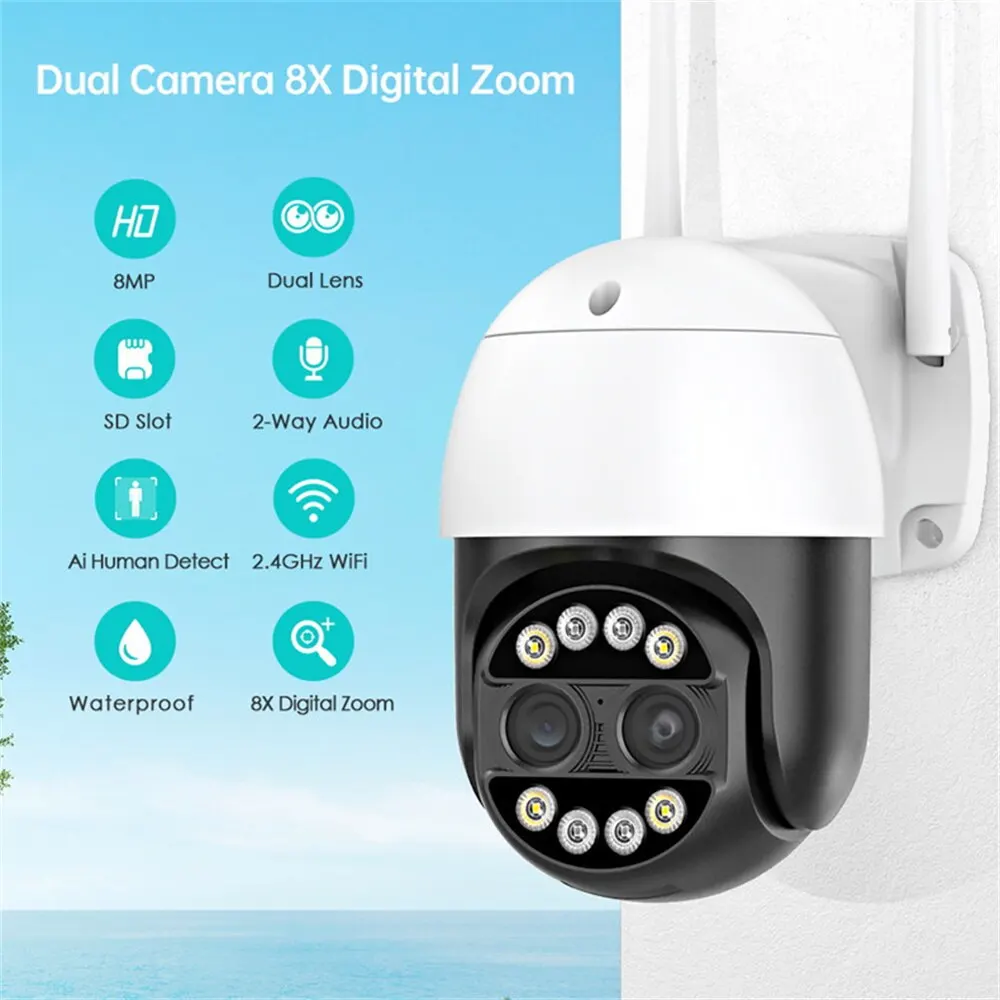 WiFi IP Camera 8MP Dual Lens 2.8mm -12mm 8X Zoom 4K PTZ Outdoor AI Human Tracking CCTV Audio Home Security Surveillance Camera