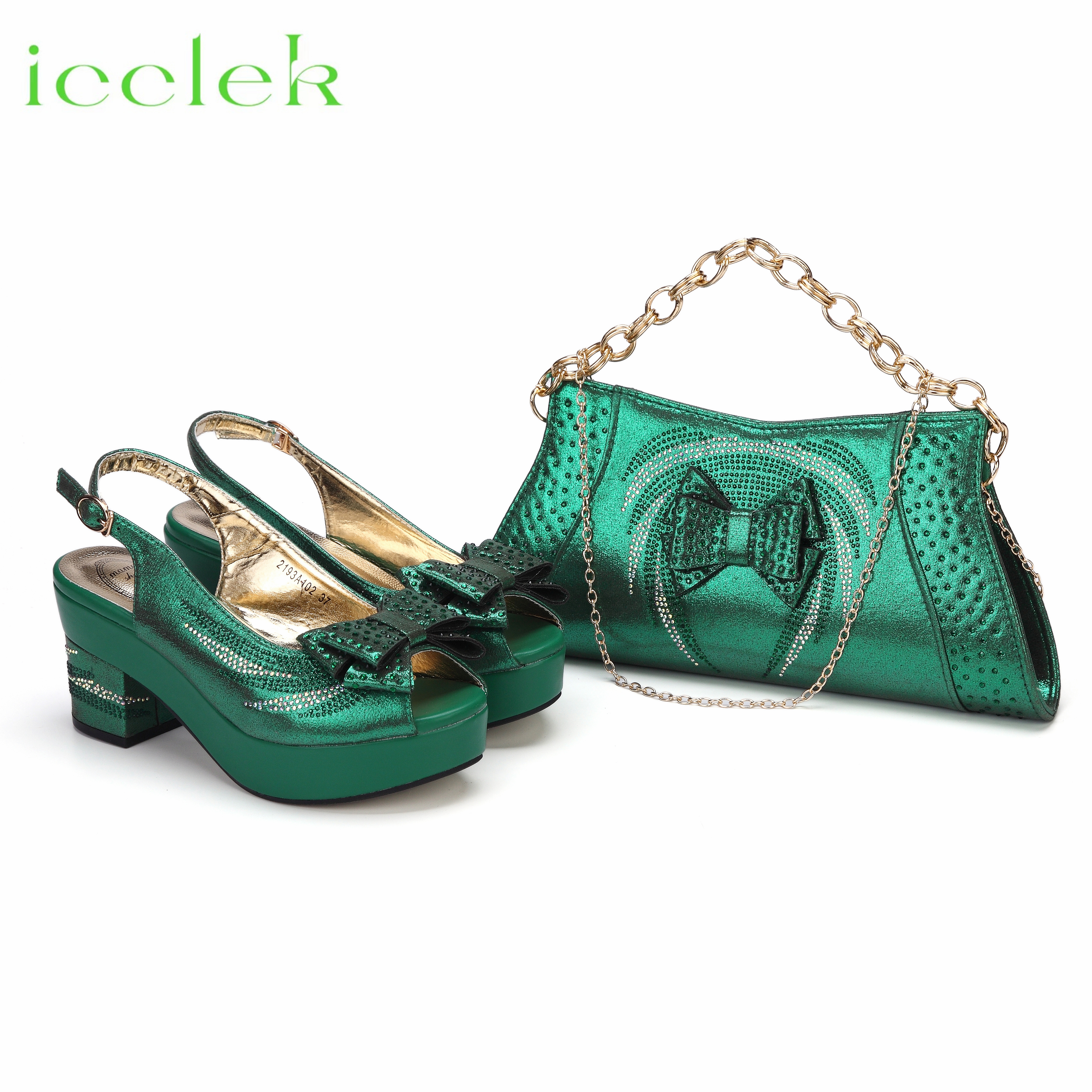 Nigeria Popular New Elegant Green Color Chunk Heels Sandals for Simple And Versatile Exquisite Party Shoes And Bag Set