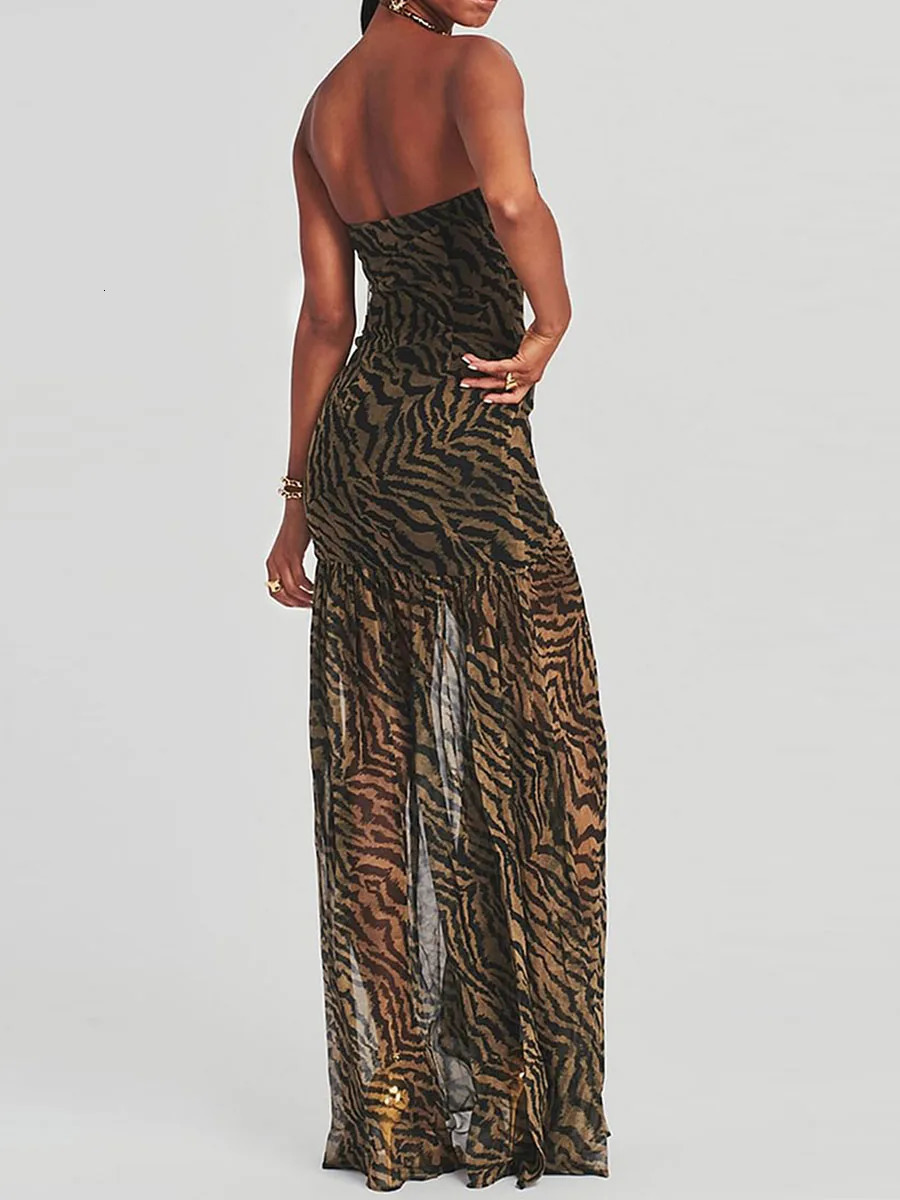 Women Summer Evening Party Tube Dress Leopard Print Strapless Backless High Slit Long Y2k Mesh Patchwork Cocktail Dresses 240329